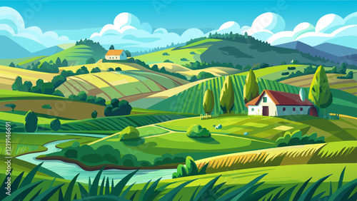 Vector sketch Green grass field on small hills. Meadow, alkali, lye, grassland, pommel, lea, pasturage, farm. Rural scenery landscape panorama of countryside pastures.