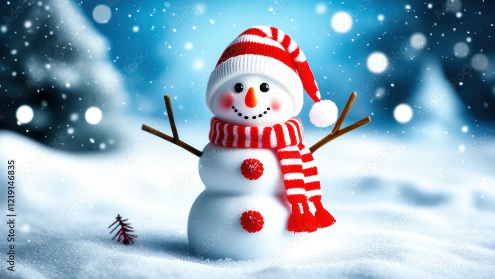 Fototapeta premium Cheerful snowman, red and white striped scarf and hat, stick arms, carrot nose, coal eyes, snowy background, falling snowflakes, blue winter sky, festive, jolly, Christmas scene, cute, whimsical, 3D r