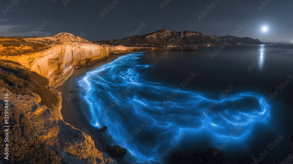 Naklejka premium Bioluminescent Waves Crashing on a Nighttime Shore