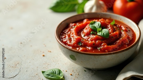 Aromatic Homemade Tomato Concasse,  Garnished with Fresh Basil, Served in a Rustic Bowl on a Light Textured Surface photo