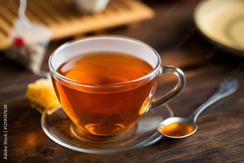 A transparent cup of black tea sits on a saucer with a spoon of golden honey, creating a warm and inviting scene. The rich tea and sweet honey evoke comfort and relaxation A transparent cup of black tea sits on a saucer with a spoon of golden honey, creating a warm and inviting scene. The rich tea and sweet honey evoke comfort and relaxation