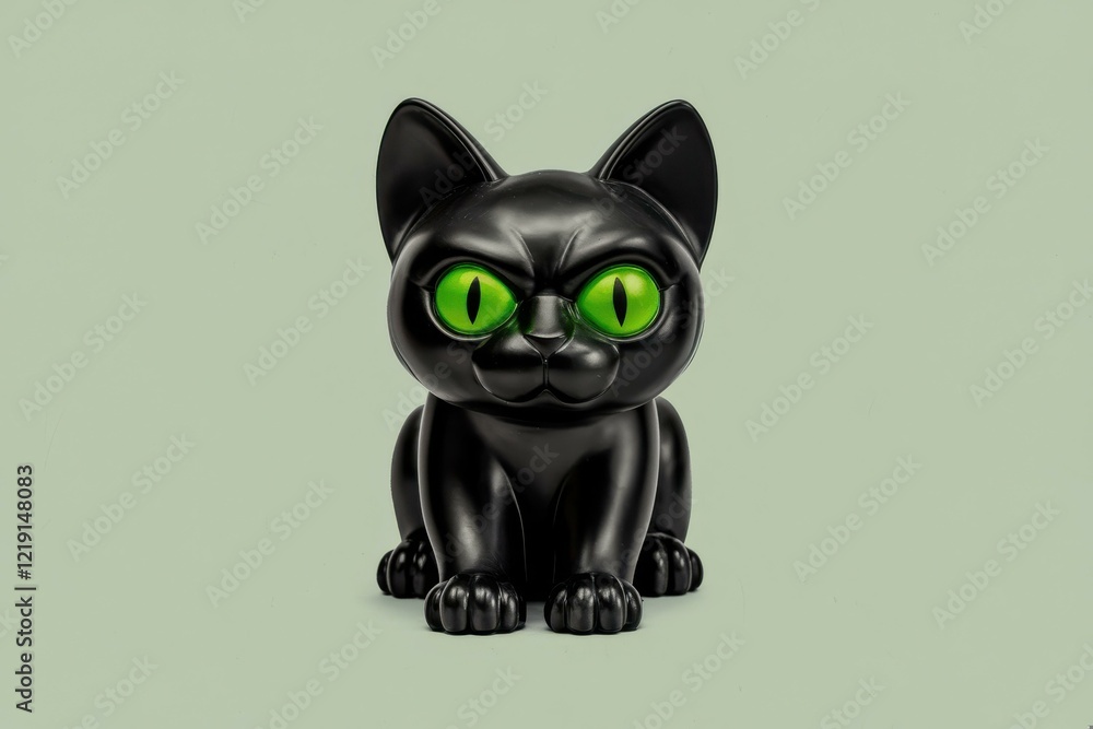 Fototapeta premium Stylized Black Cat Figurine Green Eyes Pastel Background - Artistic Black Cat Decor Home Gifts