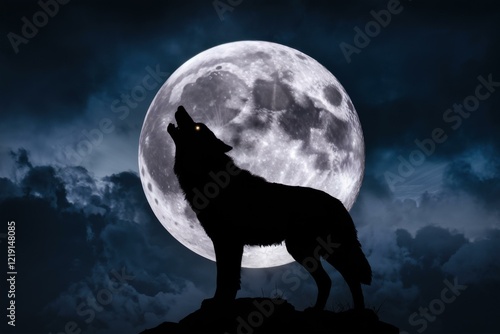 Majestic Wolf Howling Full Moon Dramatic Night Sky - Wildlife Nature Symbolism Art photo