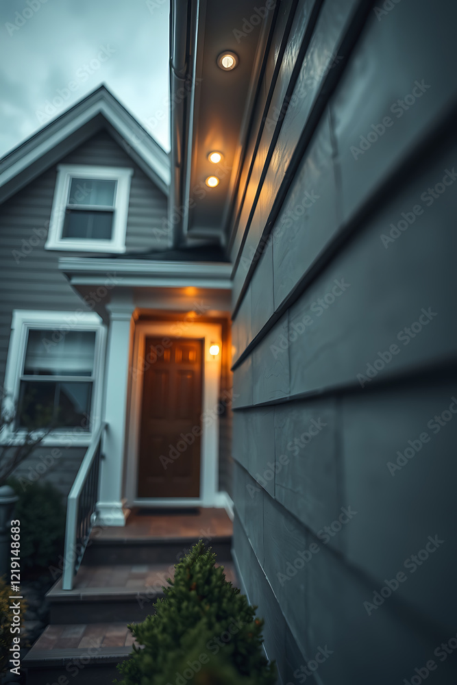 Evening view of a house exterior, showcasing architectural details such as siding, steps, and lighting. The warm lighting creates a welcoming atmosphere. Evening view of a house exterior, showcasing architectural details such as siding, steps, and lighting. The warm lighting creates a welcoming atmosphere.