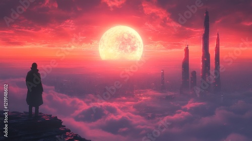 Solitary Figure Gazing at a Futuristic Cityscape Under a Crimson Moon photo