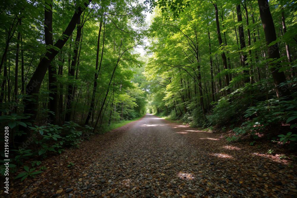 Obraz premium Sunlit forest path with dappled light