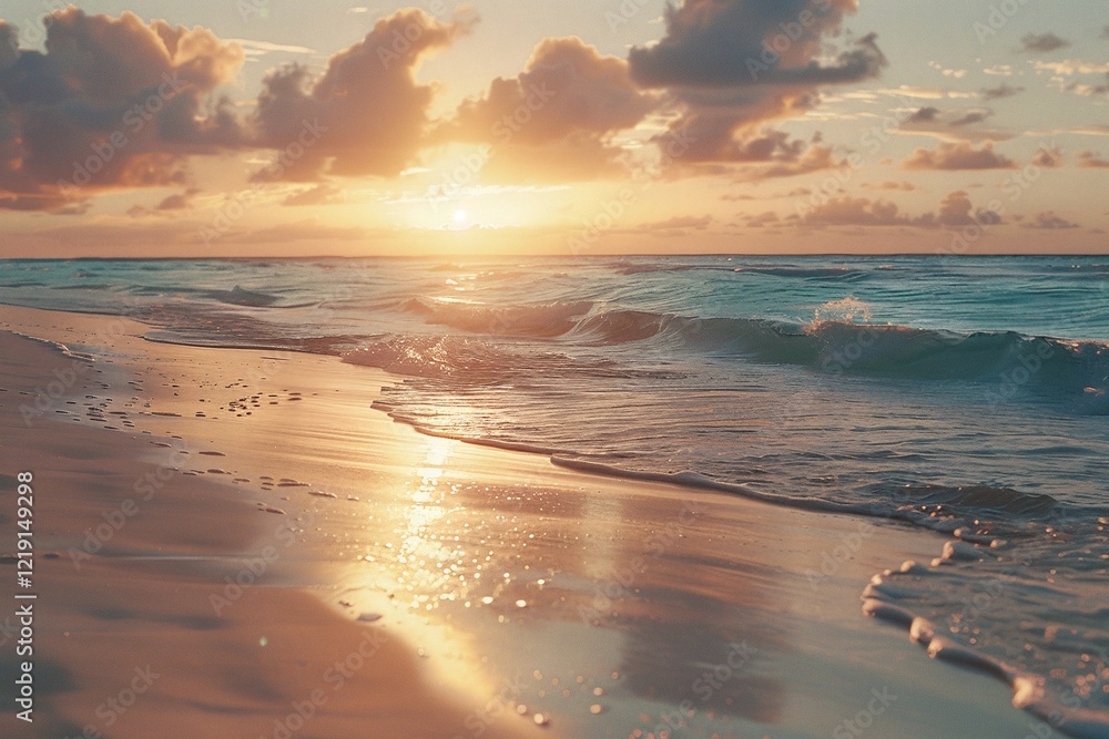 Fototapeta premium Golden sunset paints the sky as gentle waves caress the sandy shore. A tranquil beach scene at the end of the day.