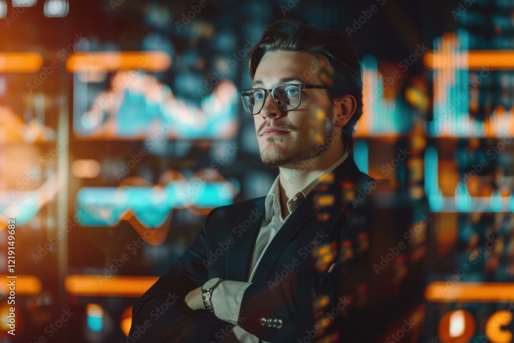 Fototapeta premium Confident Young Man Suit, Analyzing Data Screen Orange Blue Color Scheme, Business Technology Concept