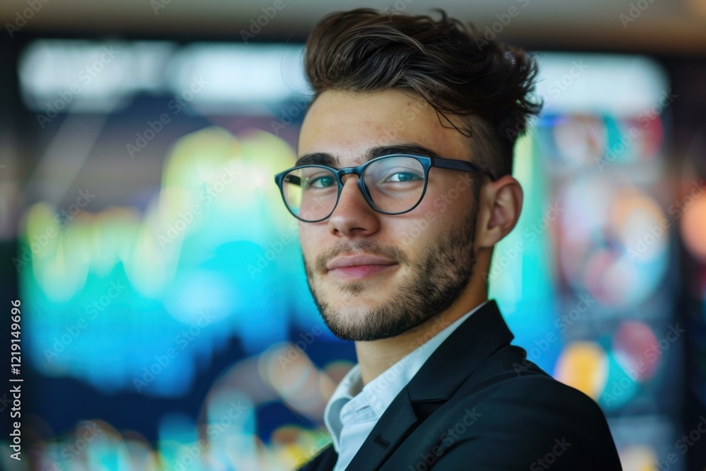 Obraz premium Confident Young Man Glasses, Blue Background, Business Success Concept