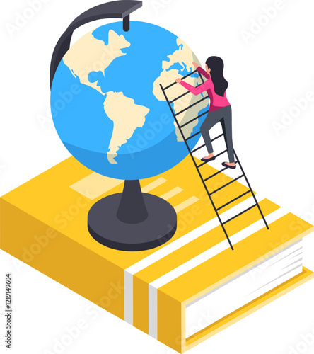 Student climbing a ladder to reach a globe placed on a book, depicting the concept of learning geography or global education in an isometric illustration