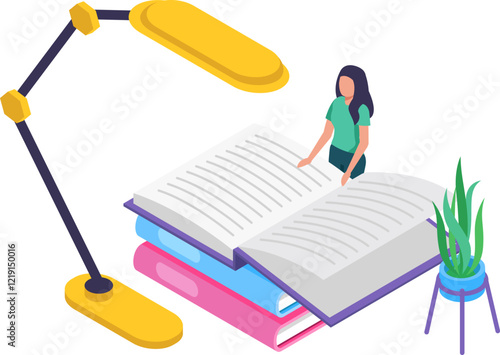 Young woman standing and reading a large open book placed on other books, under the light of a desk lamp, with a houseplant next to it, studying and learning, isometric illustration