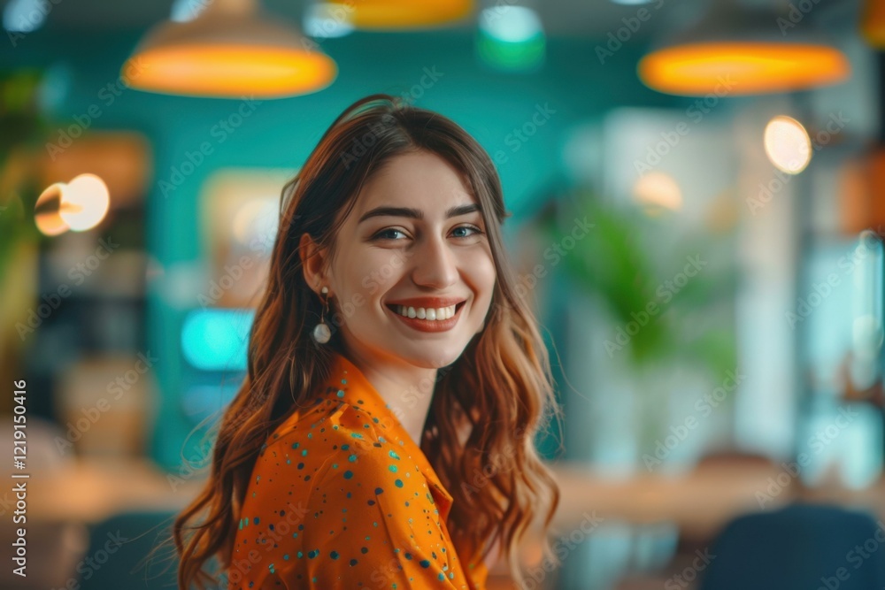 Obraz premium Smiling Woman Orange Blouse, Casual Cafe Interior, Positive Friendly Concept