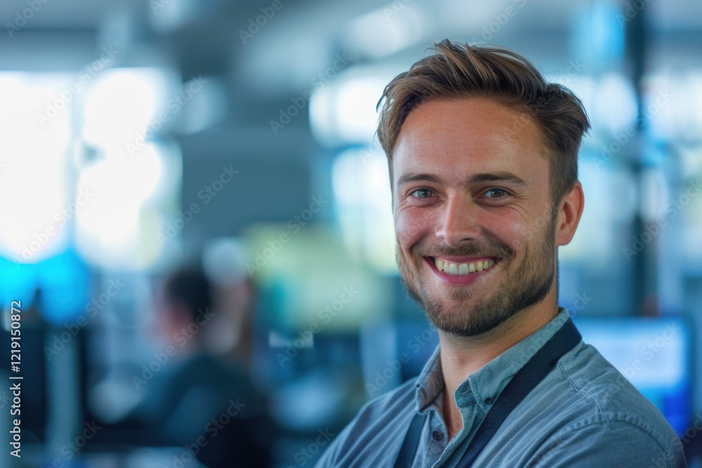 Fototapeta premium Smiling Caucasian Young Man Modern Office Setting Business Success Teamwork Concept