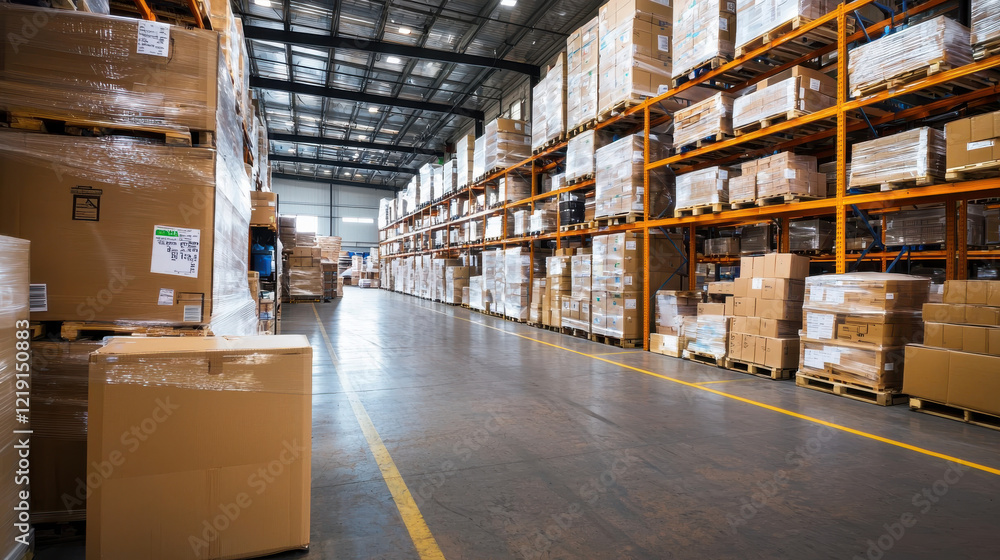 spacious warehouse storage area with neatly organized shelves and boxes spacious warehouse storage area with neatly organized shelves and boxes