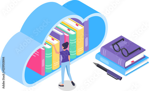 Online library in cloud storage, student choosing book, downloading or studying online, isometric vector illustration concept for education, learning, knowledge and online course