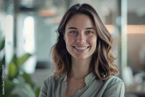 Wallpaper Mural Smiling Young Caucasian Woman Portrait Office Setting Business Website Blog Torontodigital.ca