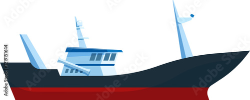 Fishing trawler navigating the open sea, featuring outriggers and antennas, presented in a detailed vector illustration against a clean white background