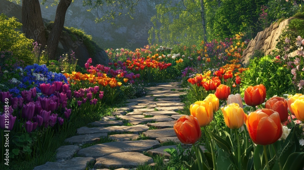 Sunlit stone path through vibrant mountain garden