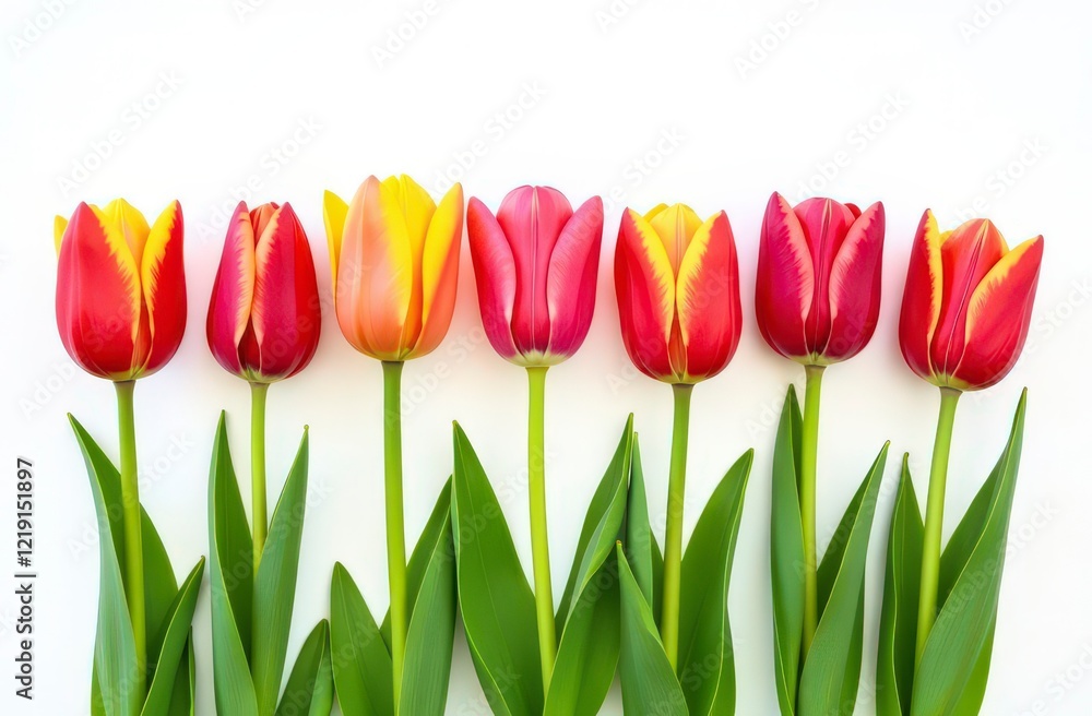Colorful tulips arranged in a straight line on white background Colorful tulips arranged in a straight line on white background