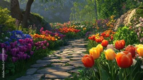 Obraz na płótnie Sunlit stone path through vibrant mountain garden w salonie