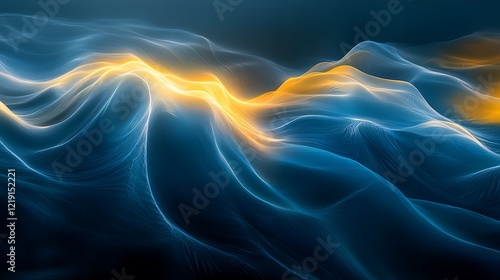 A soft abstract composition with flowing waves of blue and yellow light, gently merging into each other over a dark, serene backdrop