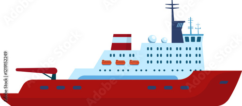Large icebreaker ship navigating through the Arctic Ocean, breaking ice floes with cranes and lifeboats, designed for exploration and research in extreme conditions