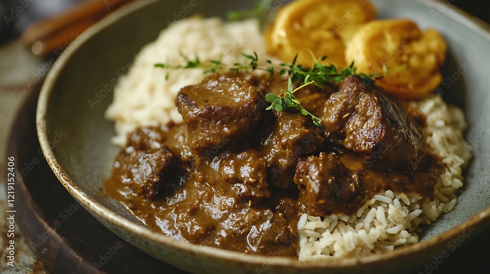 Beef Curry with Rice and Fried Plantains Beef Curry with Rice and Fried Plantains