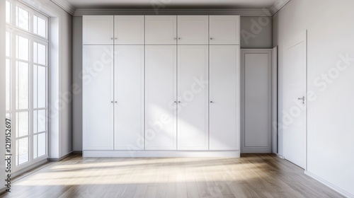 Wallpaper Mural A Minimalist Room With A Large White Built-In Wardrobe, Hardwood Floors, And A Large Window. Sunlight Streams In, Illuminating The Space. Torontodigital.ca