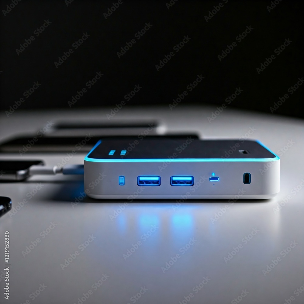 A multi-port USB charging station with glowing indicators, set on a clean white surface with various connected devices around it.
A multi-port USB charging station with glowing indicators, set on a clean white surface with various connected devices around it.