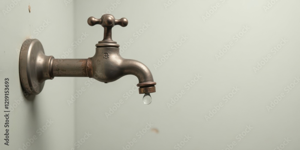 A single drop of water falls from an antique metallic faucet mounted on a light-colored wall A single drop of water falls from an antique metallic faucet mounted on a light-colored wall