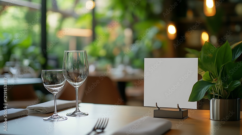 Mock up of clean white screen display in an elegant restaurant setting surrounded by plants and glassware Mock up of clean white screen display in an elegant restaurant setting surrounded by plants and glassware