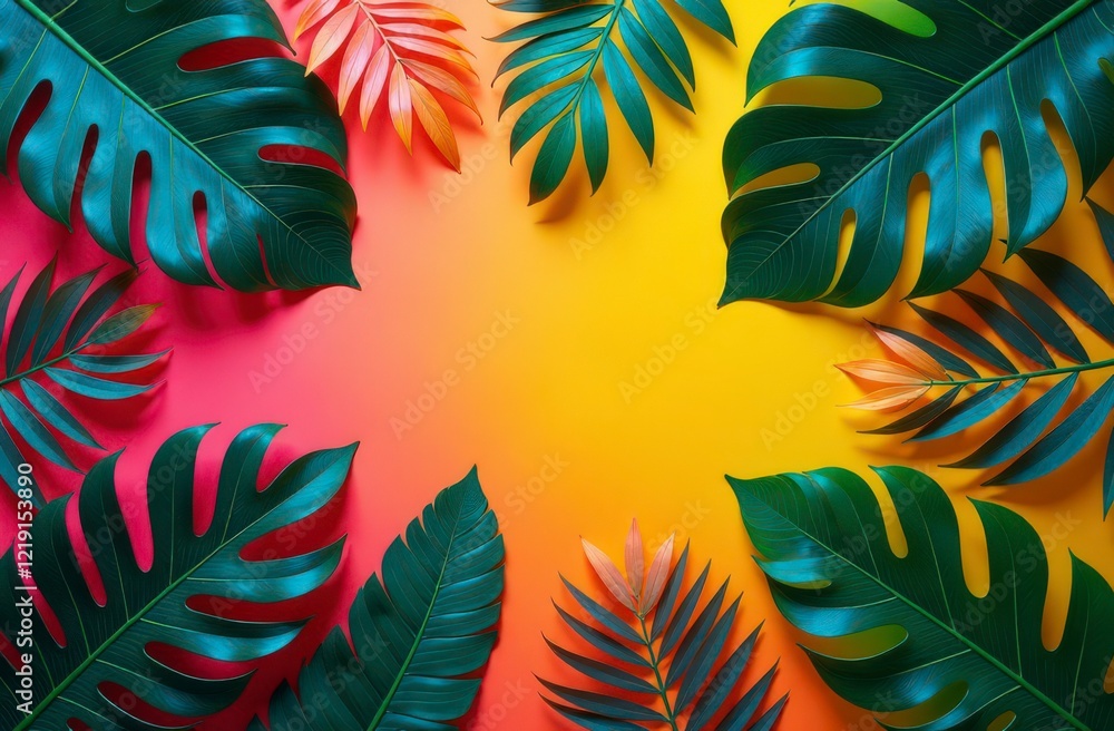Vibrant tropical leaves on colorful gradient background Vibrant tropical leaves on colorful gradient background