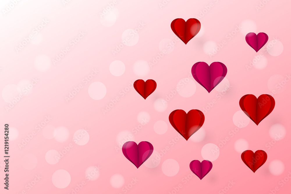 Red Paper Hearts On Blurred Pink Background With Bokeh Light Effect. Abstract Valentine Banner. Wallpaper. Vector Illustration Red Paper Hearts On Blurred Pink Background With Bokeh Light Effect. Abstract Valentine Banner. Wallpaper. Vector Illustration