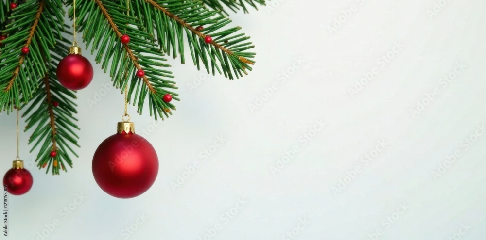 Hanging pine branch with green and red berries, ornament, festive decor Hanging pine branch with green and red berries, ornament, festive decor