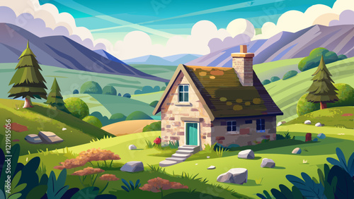 A charming stone cottage nestled among rolling green hills, with sheep grazing peacefully in a picturesque setting. The scene evokes a sense of tranquility and peacefulness