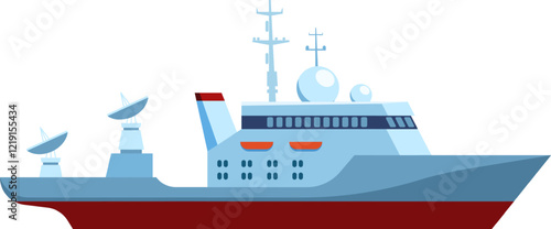 Modern warship sailing on white background, equipped with satellite dishes for communication and radar antennas for navigation and surveillance