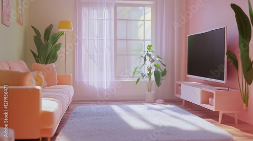 Pink Living Room Interior with Couch, Window, and TV