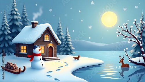 Winter Wonderland Scene with Cozy Cabin, Snowman, and Serene Frozen Lake photo