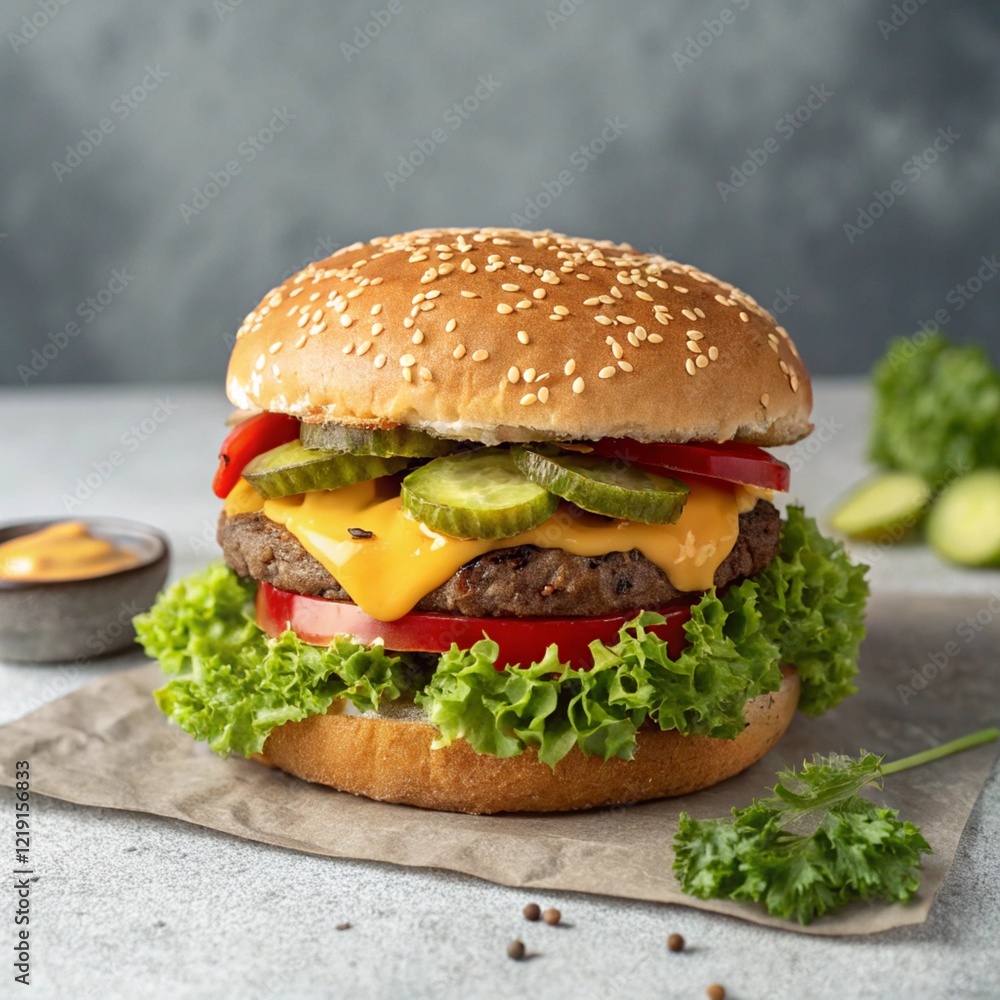 A hamburger and meat fries on a gray wooden table A hamburger and meat fries on a gray wooden table