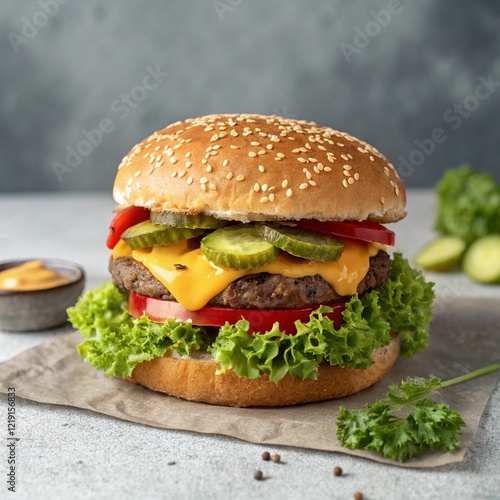 A hamburger and meat fries on a gray wooden table