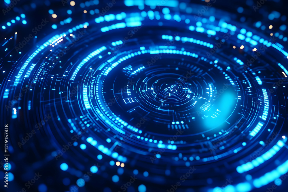 Fototapeta premium Futuristic Digital Interface With Blue Glowing Circular Patterns And Data Visualization Representing High-Tech Innovation. Generative AI