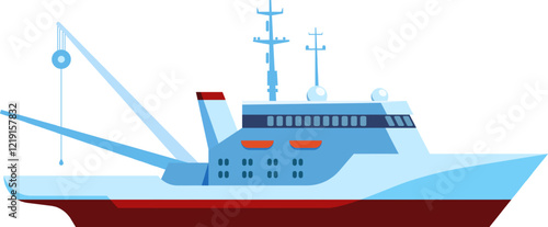Illustration of a modern fishing vessel featuring advanced equipment, including radar and cranes. The design highlights the ship s functionality and sleek, streamlined structure