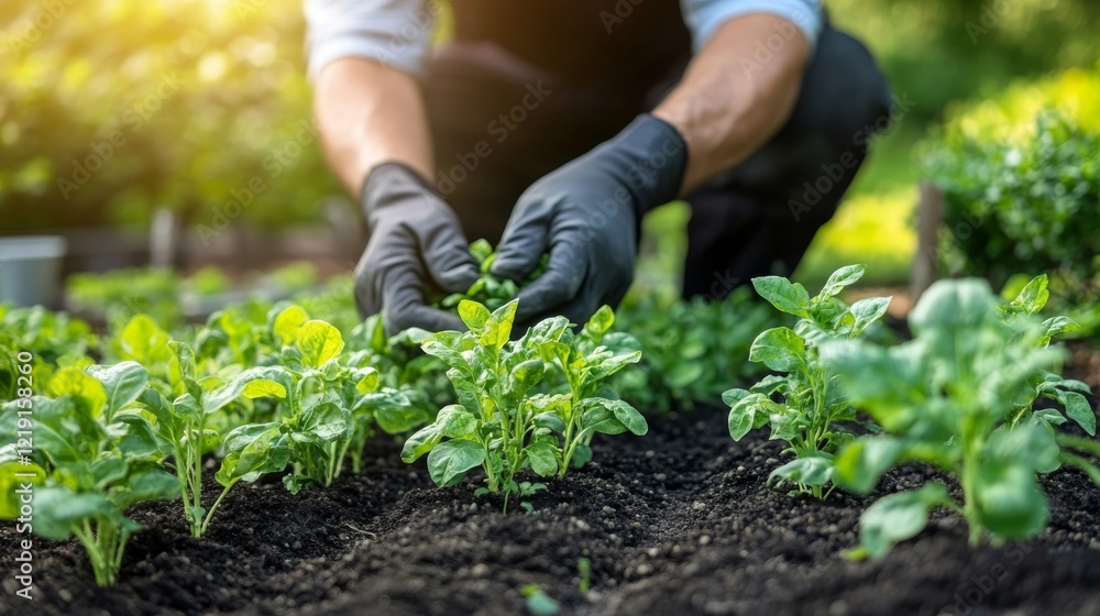 Fototapeta premium Close up gardener hand planting sprout with the Green lettuce in fertile soil. For the organic plant agriculture concept. High quality photo.