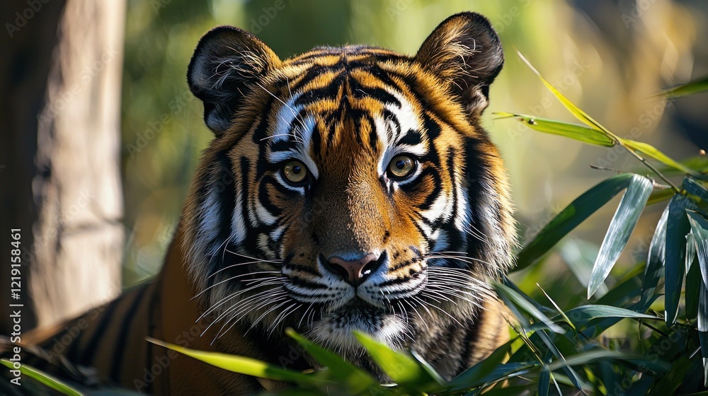 Fototapeta premium Majestic Tiger Captured in Natural Habitat Among Lush Greenery