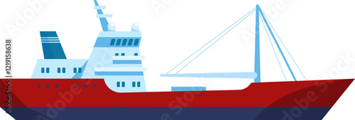Red and blue fishing boat sailing on the open sea, equipped with a sturdy fishing mast, preparing for an exciting day of fishing activities and maritime adventures