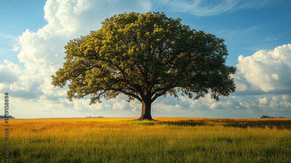 Fototapeta premium A lone tree stands in a grassy field under a cloudy sky