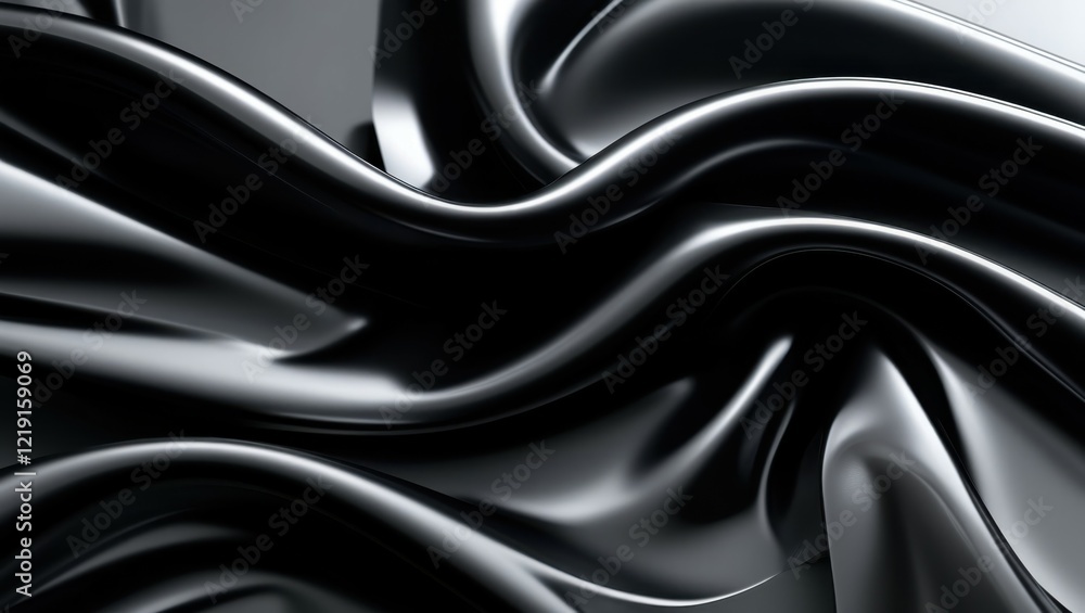 Fototapeta premium Sleek black satin fabric, smooth flowing curves, glossy textile texture, abstract wave pattern, luxurious dark material, close-up detail, soft folds and ripples, elegant drapery, monochromatic design,