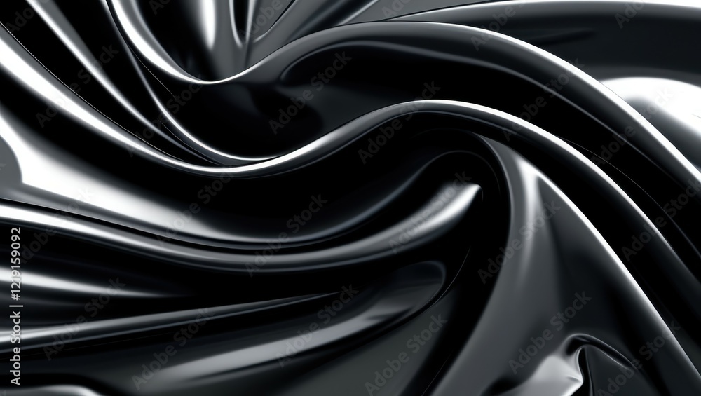 Fototapeta premium Sleek black satin fabric, smooth flowing curves, glossy textile texture, abstract wave pattern, luxurious dark material, close-up detail, soft folds and ripples, elegant drapery, monochromatic design,