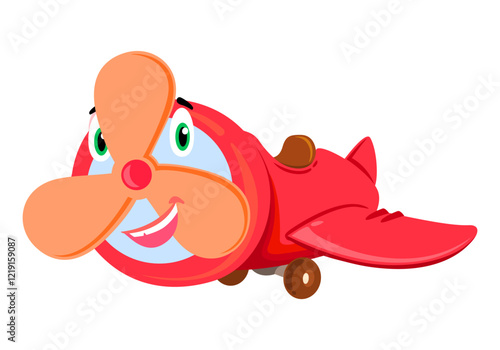 Toy-like smiling mischievous red propeller plane in kiddy vector style, for kids and happy holidays and entertainment, ready to entertain