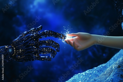 Robot and human hand. Ai concept background. 
